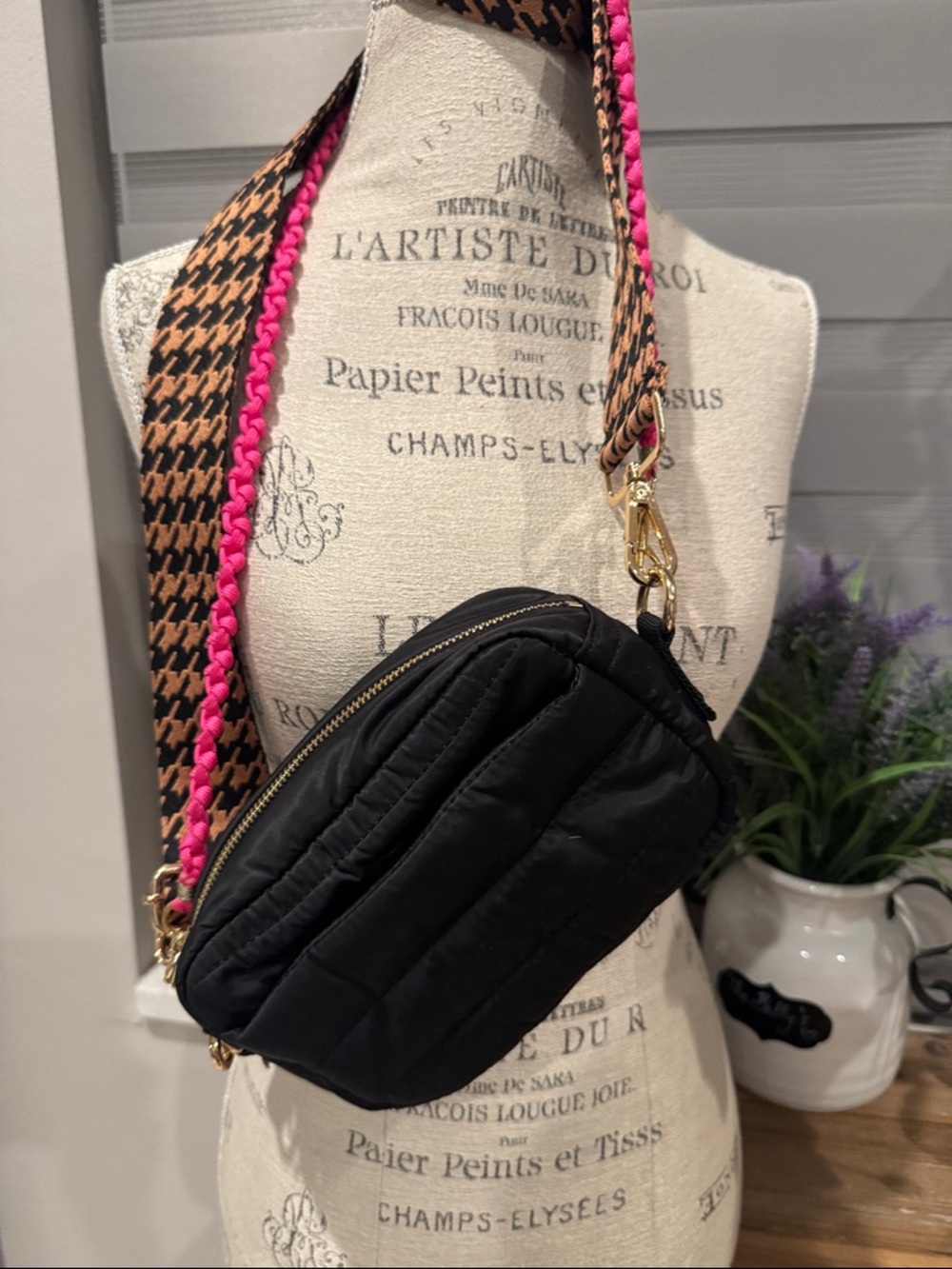 Ah-Dorned Black Quilted Crossbody Bag with Patterned Straps pre owned